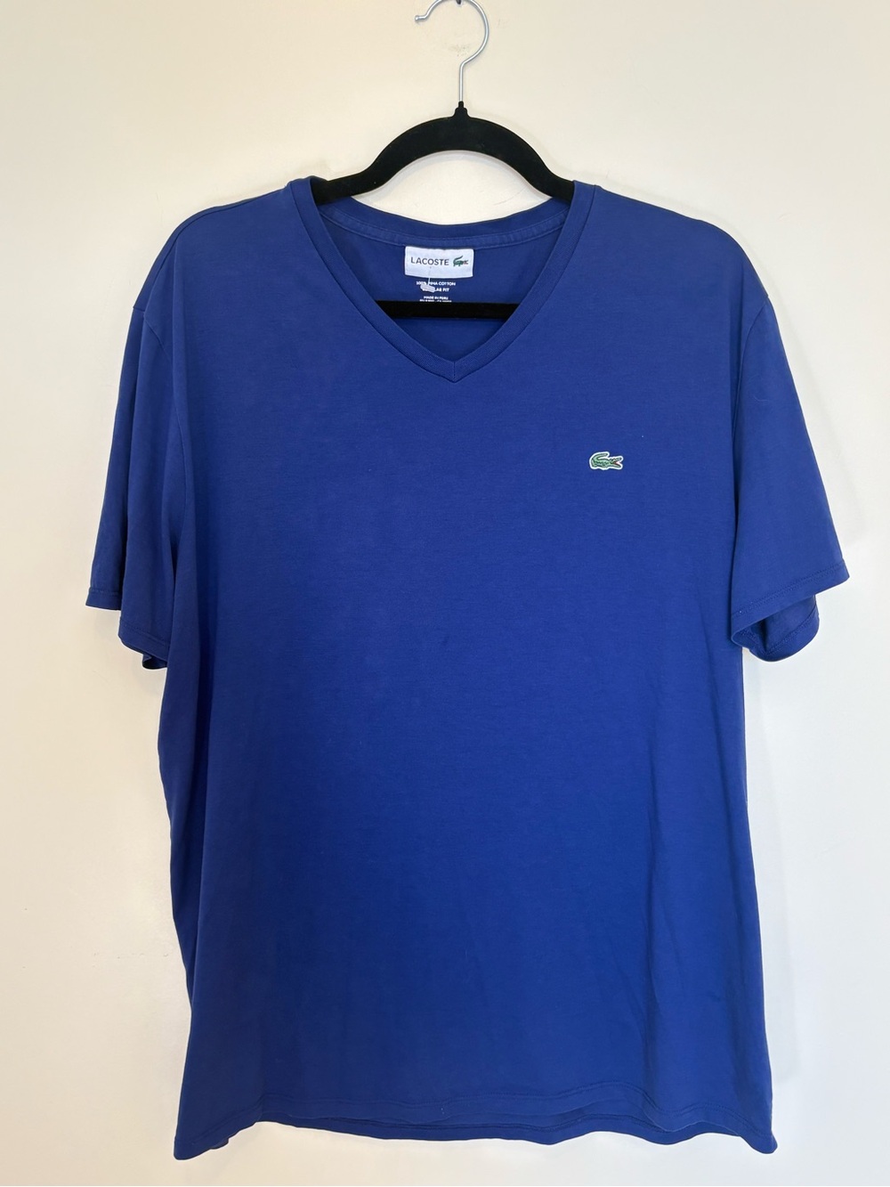 Lacoste Men's V-Neck Short Sleeve Tee in Blue with Green Crocodile Size XL